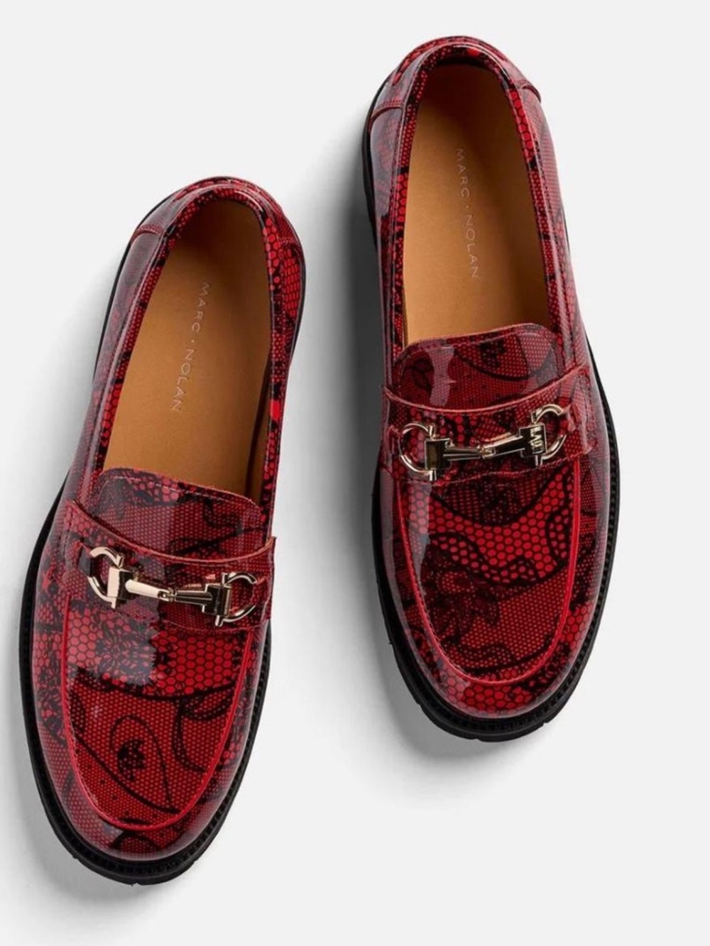 Marc Nolan Red Snake-Print Patent Leather Loafers with Gold Bit Hardware Size 8